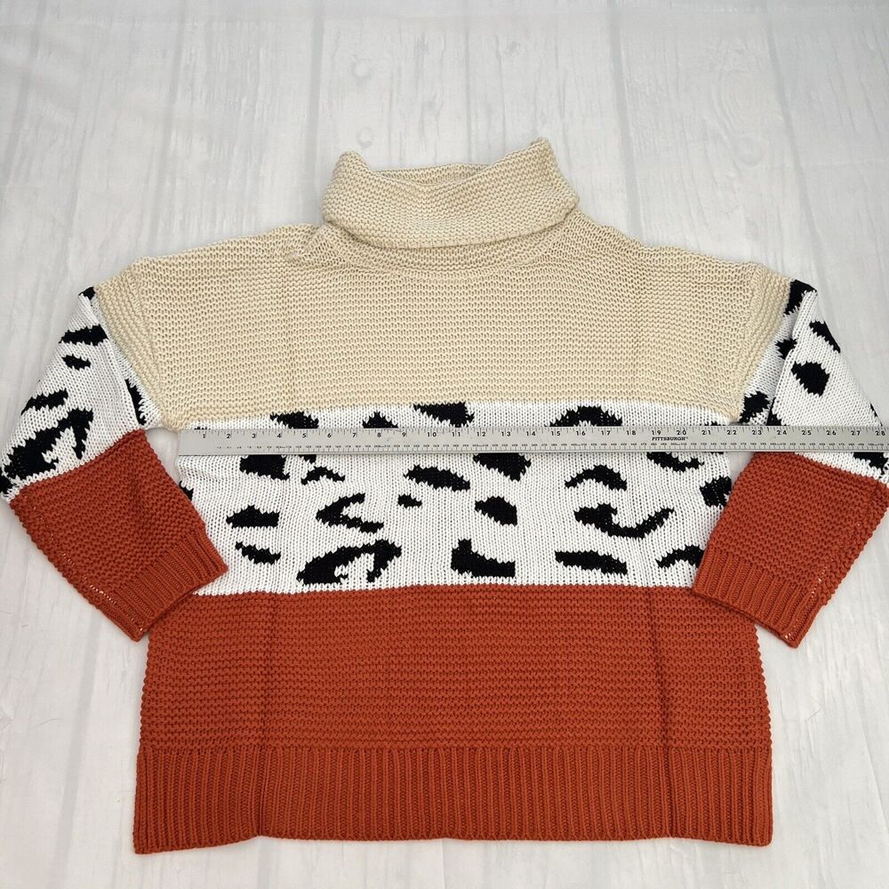 Women's Turtleneck Chunky long sleeve Leopard Print Sweater Cable Knit Sweater L - Picture 7 of 10